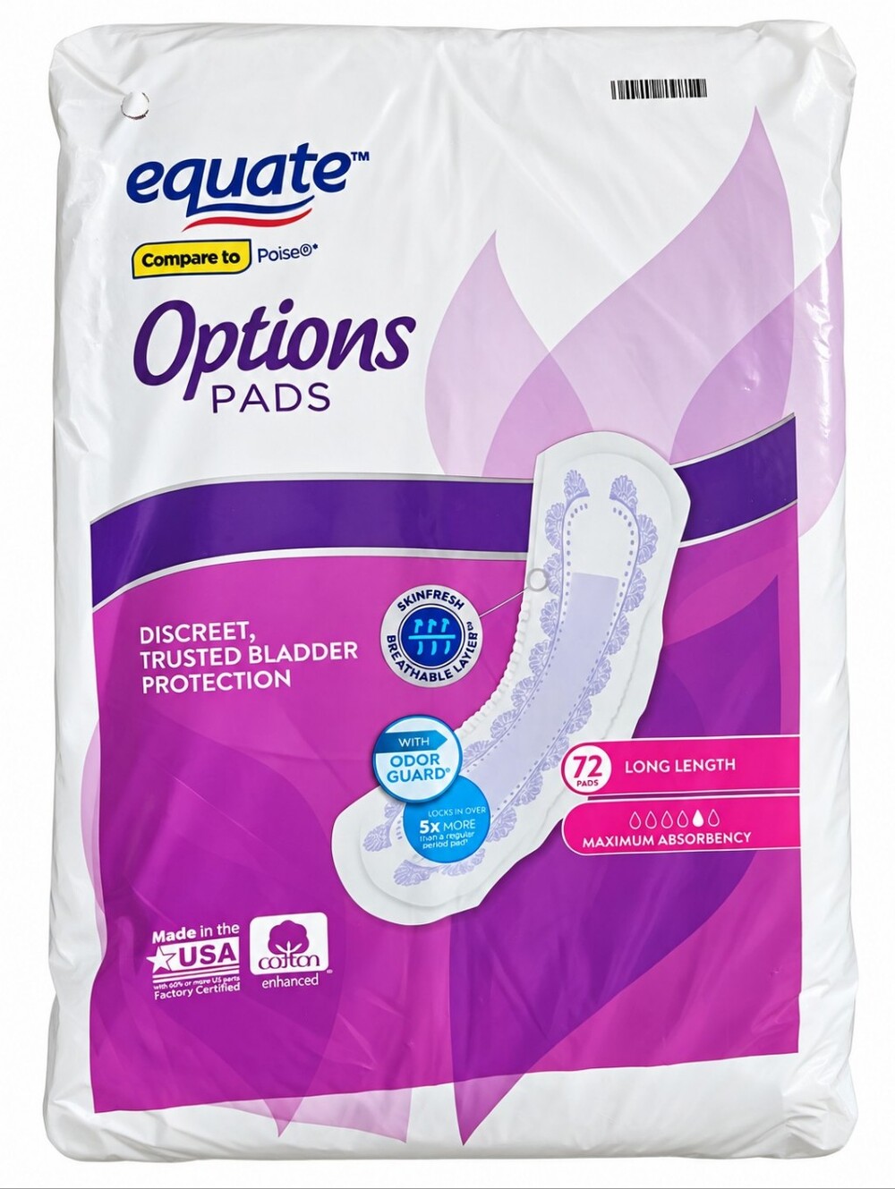 Equate Options Pads Long Length 72 Count Maximum Absorbency - New In Packsge